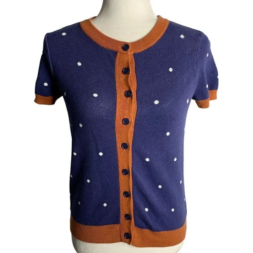 ModCloth Short Sleeve Cardigan Sweater XS Blue Knit Polka Dot Buttons Round Neck